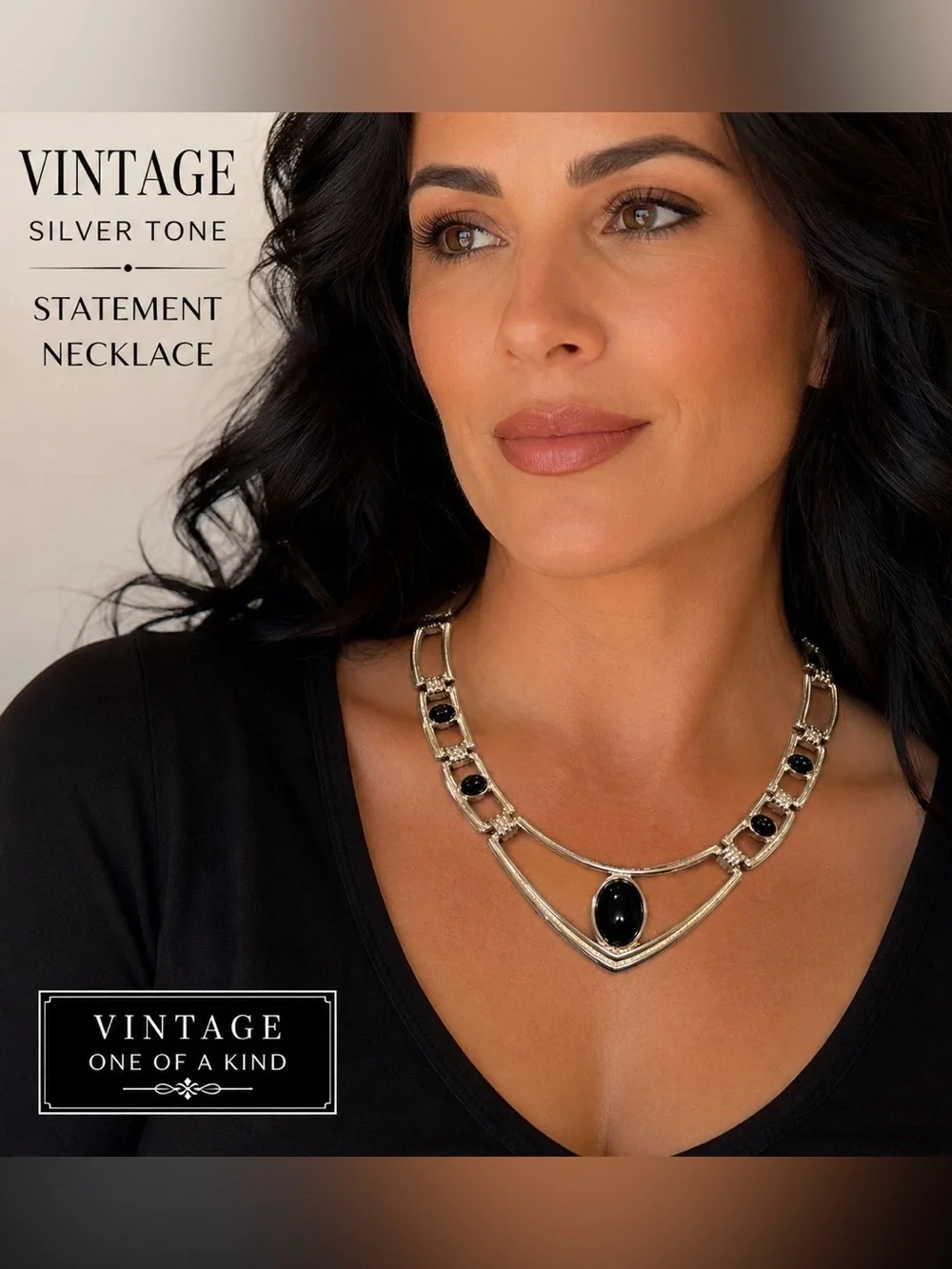 Vintage Silver Tone Black Cabochon Statement Collar Necklace Art Deco Style